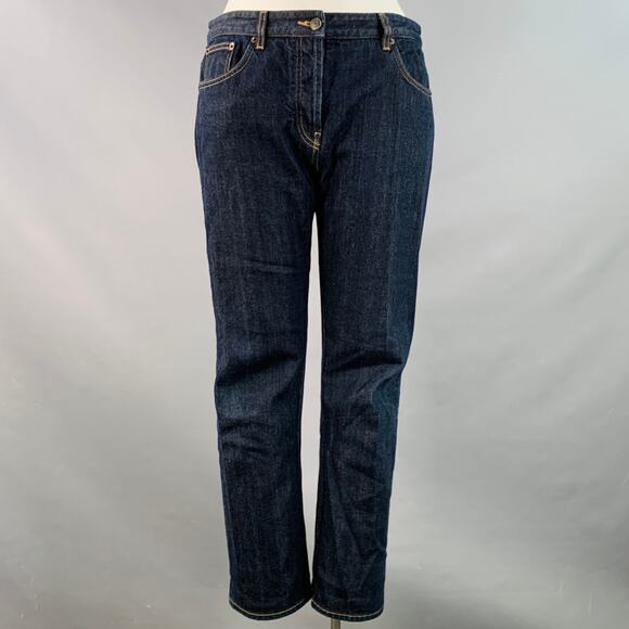 THE ROW Size 12 Blue Indigo Cotton Twill Contrast Stitch Tapered Selvedge Jeans - Picture 1 of 6
